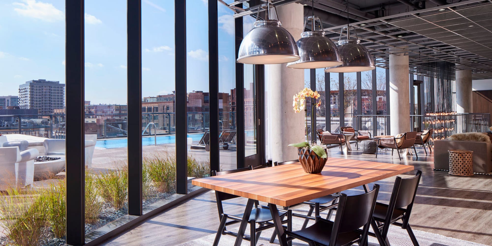Gorgeous dining area with amazing city views at The Parker Fulton Market in Chicago, Illinois