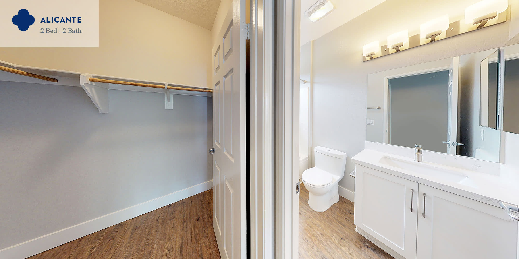 Bathroom and spacious walk-in closet in a two-bedroom apartment home at Mission Hills in Camarillo, California