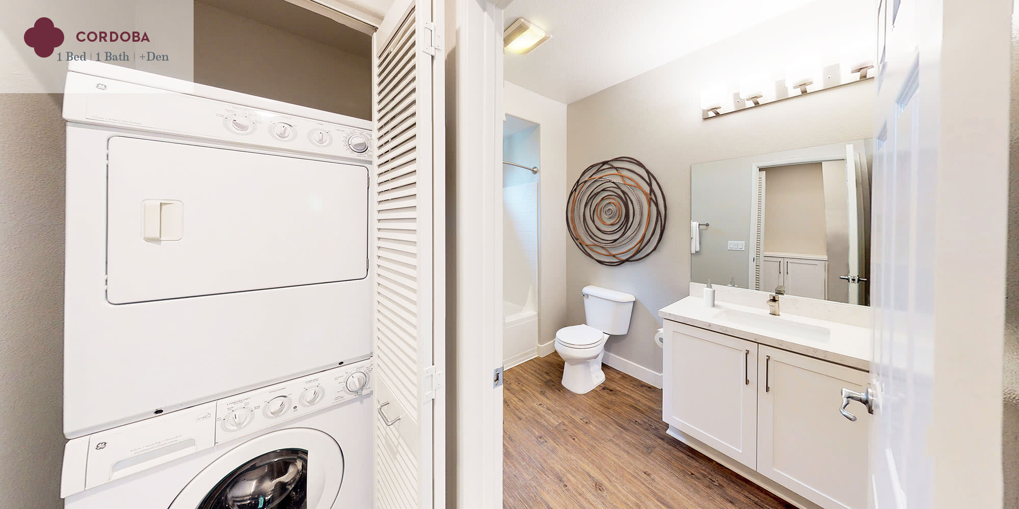 Bathroom and washer-dryer in a one-bedroom apartment home at Mission Hills in Camarillo, California