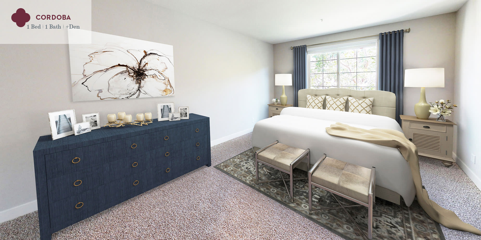 A well-furnished bedroom in a one-bedroom apartment home at Mission Hills in Camarillo, California
