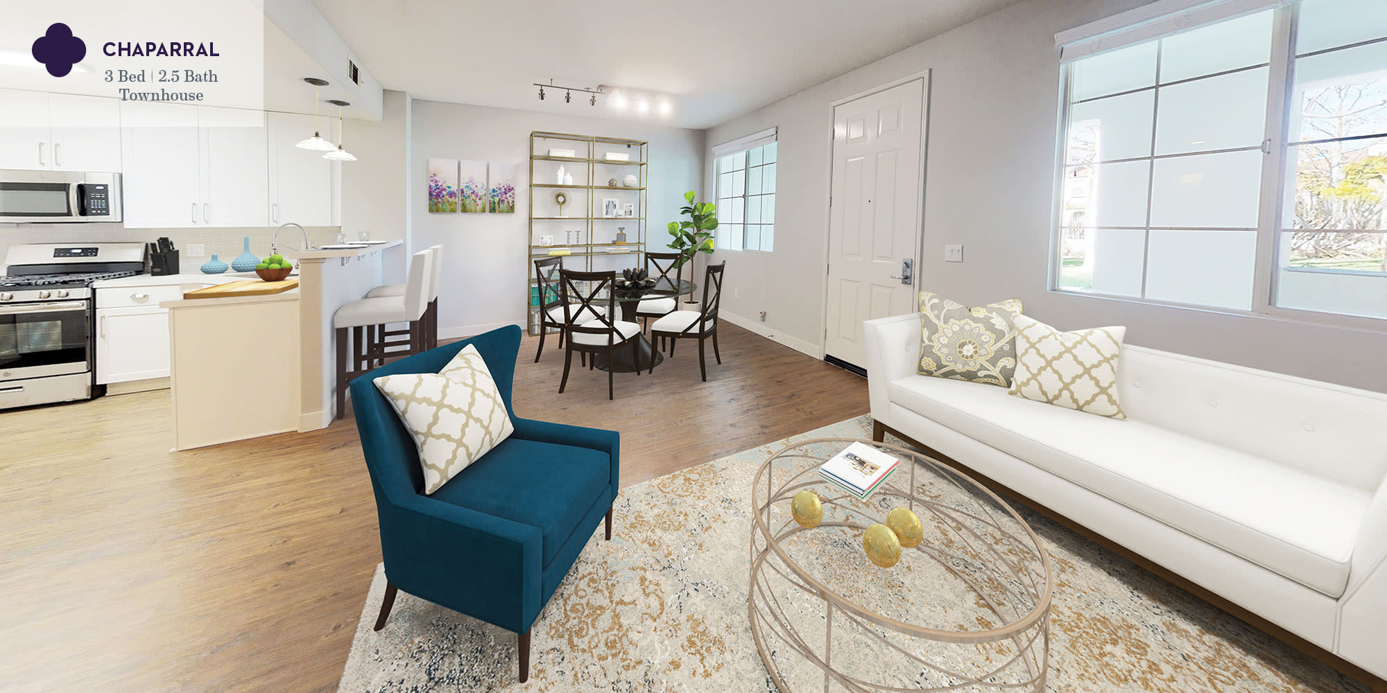 A well-furnished living area in a three-bedroom apartment townhome at Mission Hills in Camarillo, California