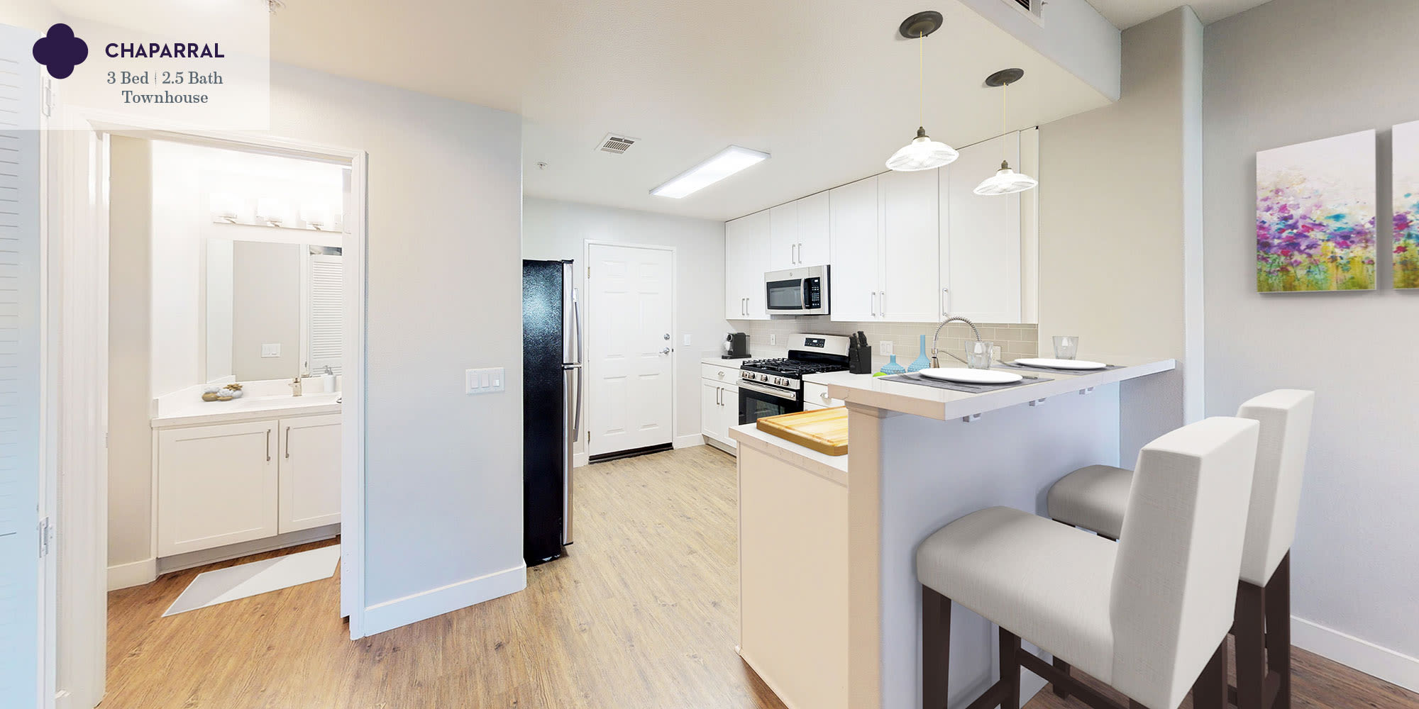A kitchen in a three-bedroom apartment townhome at Mission Hills in Camarillo, California