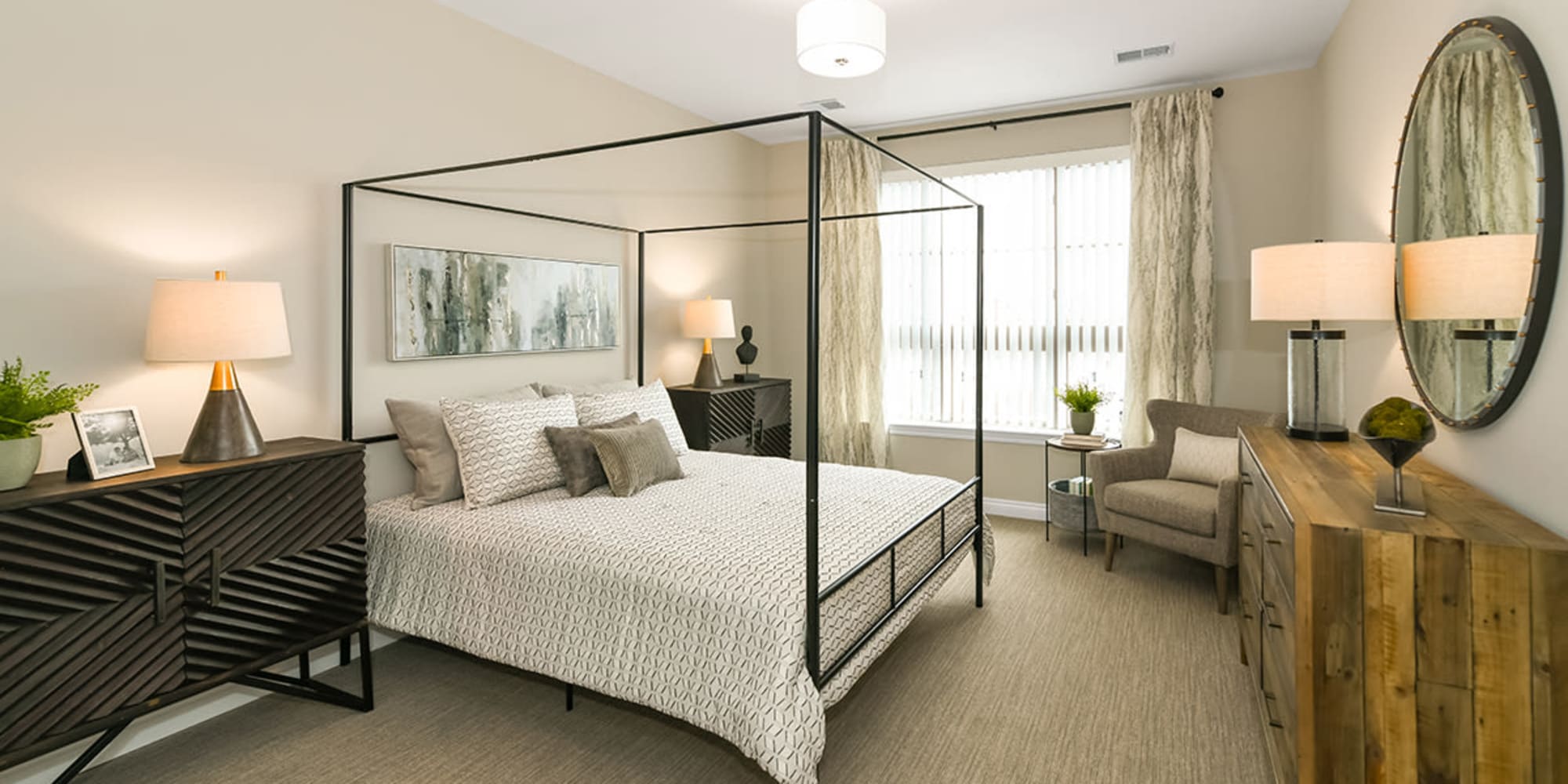 Bedroom with modern details at Encore at Manchester in Novi, Michigan