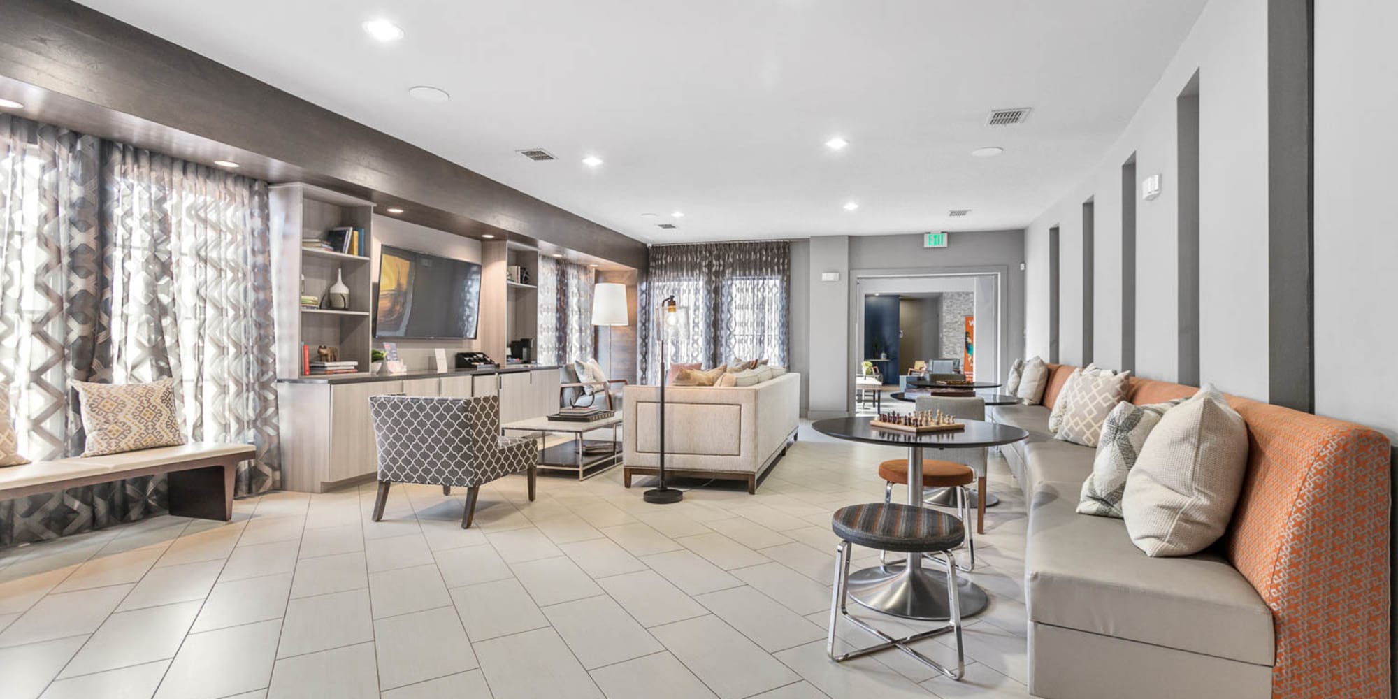 Luxury clubhouse lounge at Villas at Chase Oaks in Plano, Texas
