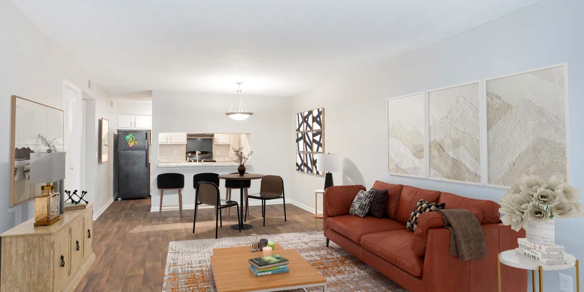 Living room and dining room at Pebble Creek