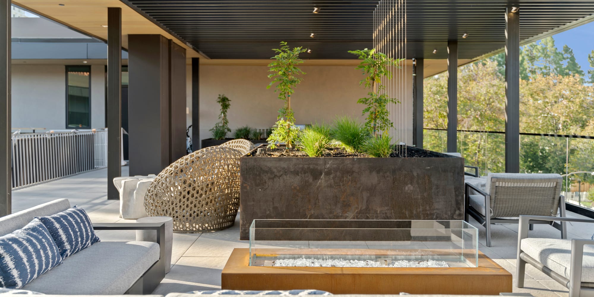 Outdoor lounge with firepit at Arbora Palo Alto in Palo Alto, California