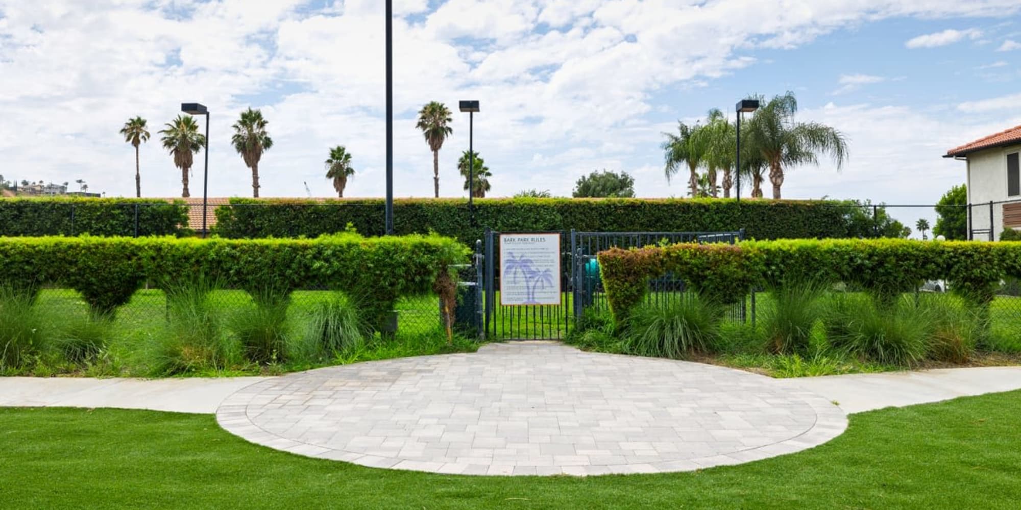 Gated entrance to the dog park at Trails at Grand Terrace in Colton, California