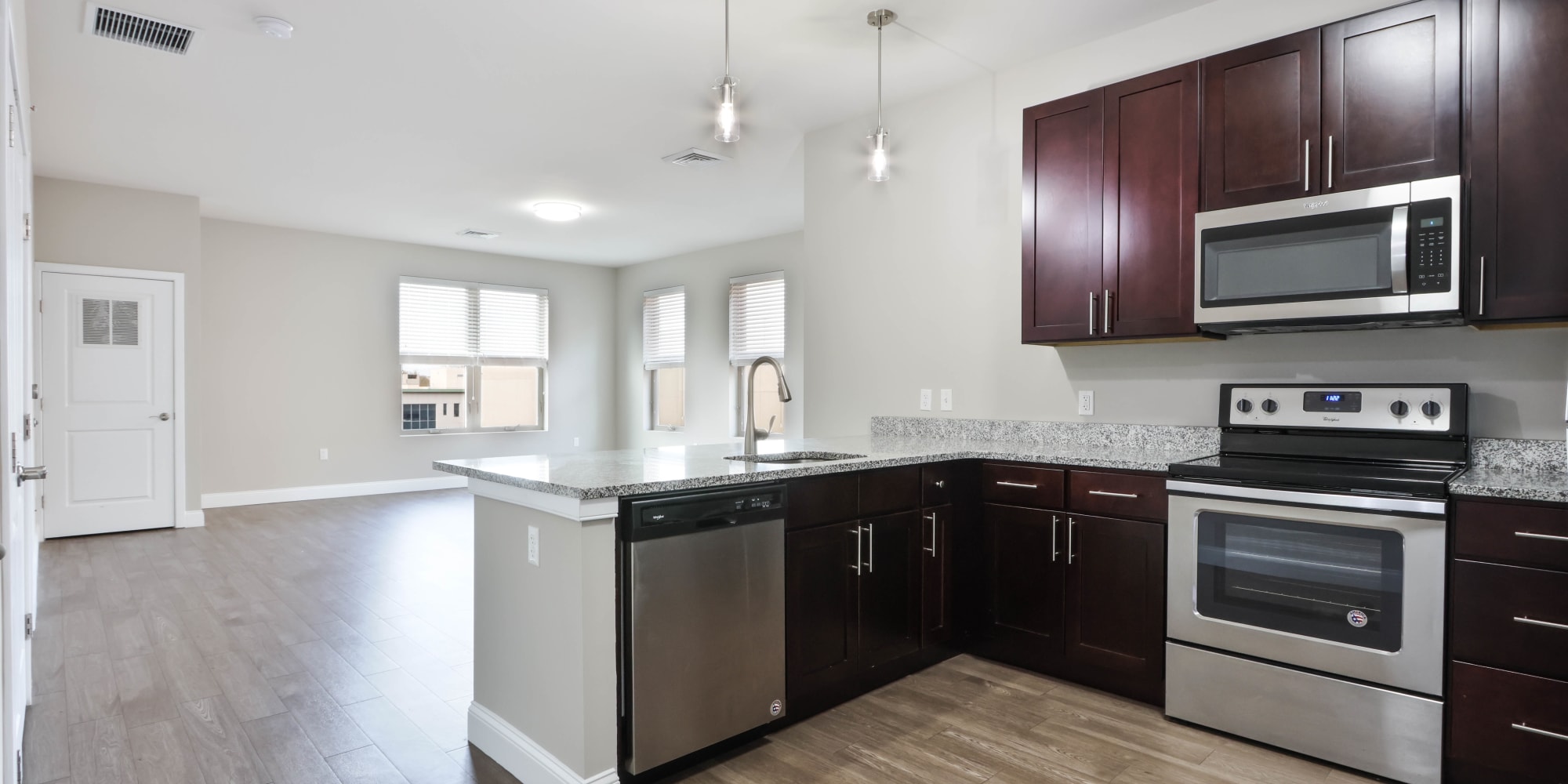 Spacious kitchen in a model home at Five 10 Flats in Bethlehem, Pennsylvania