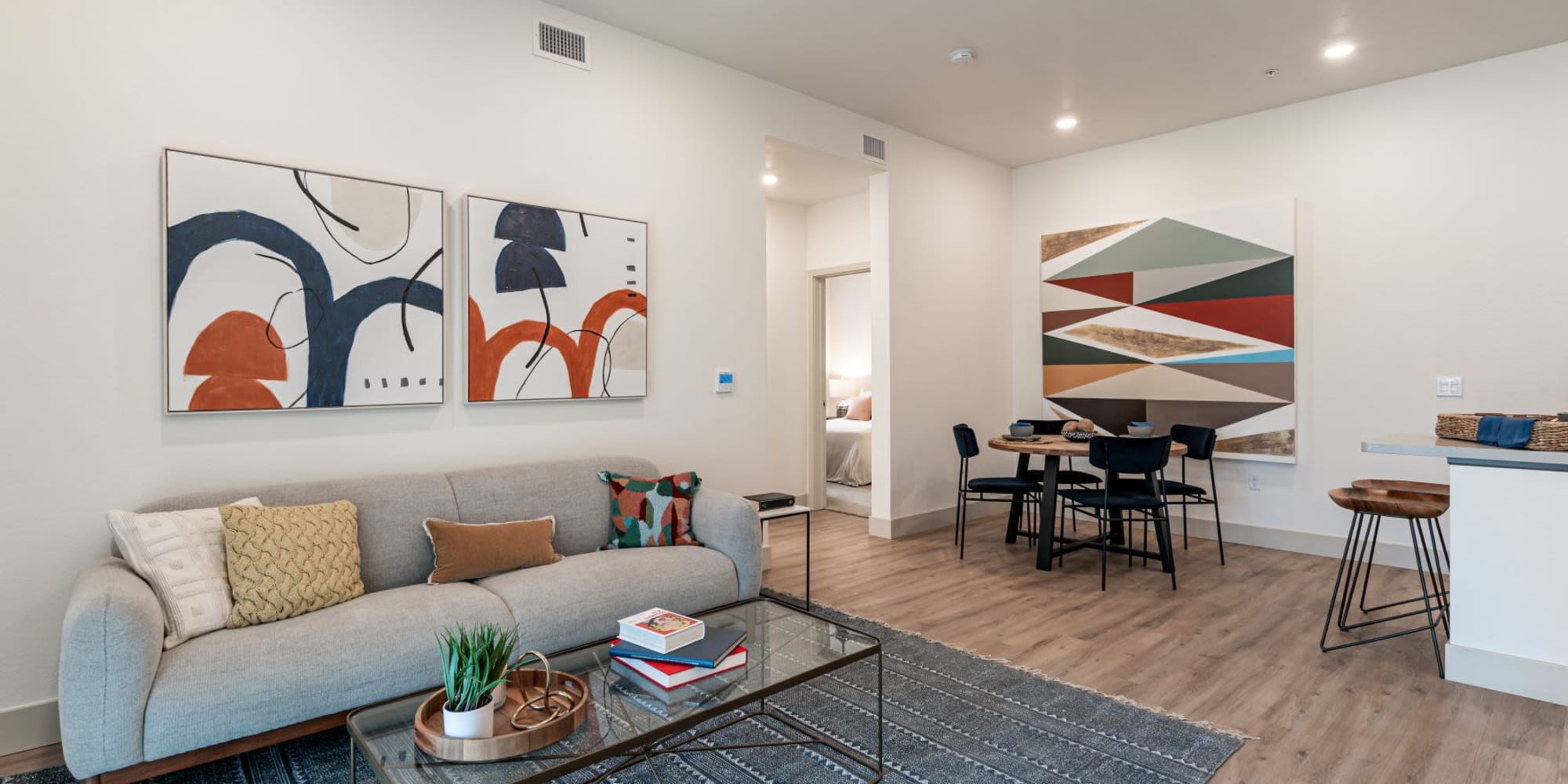 Spacious living and dining area at Towne Centre Apartments in Lathrop, California