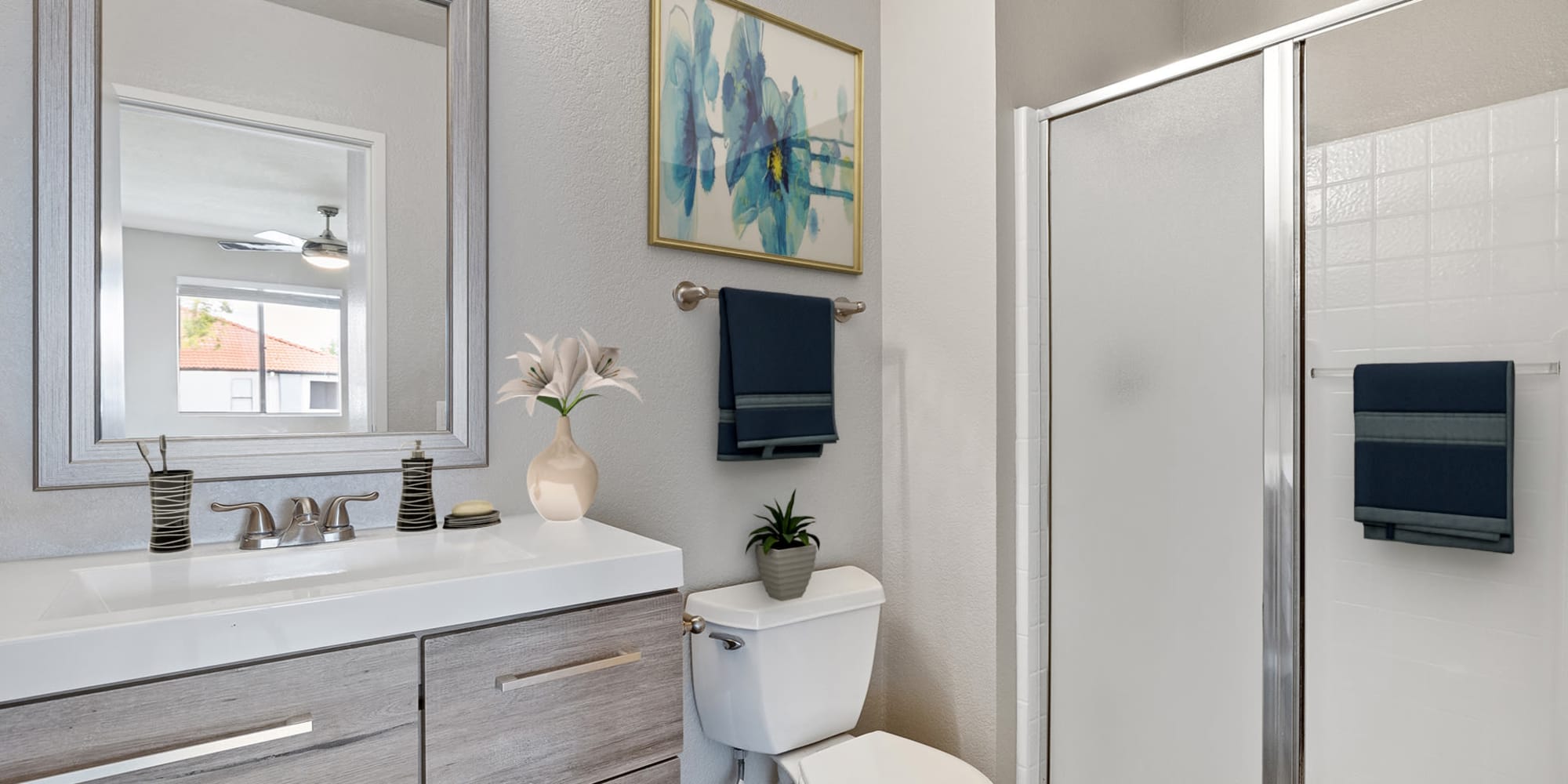 Bathroom with shower at Trails at Grand Terrace in Colton, California