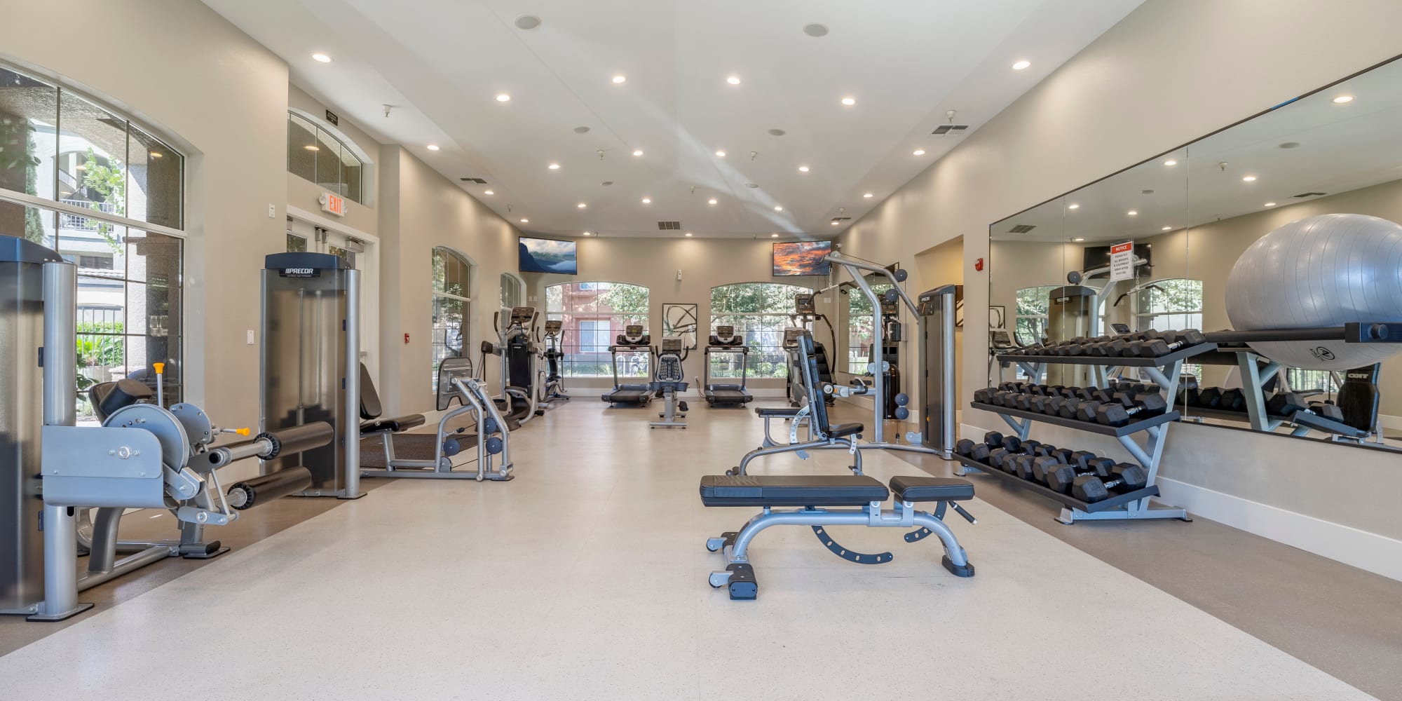 Spacious fitness center at Villagio Luxury Apartments in Sacramento, California