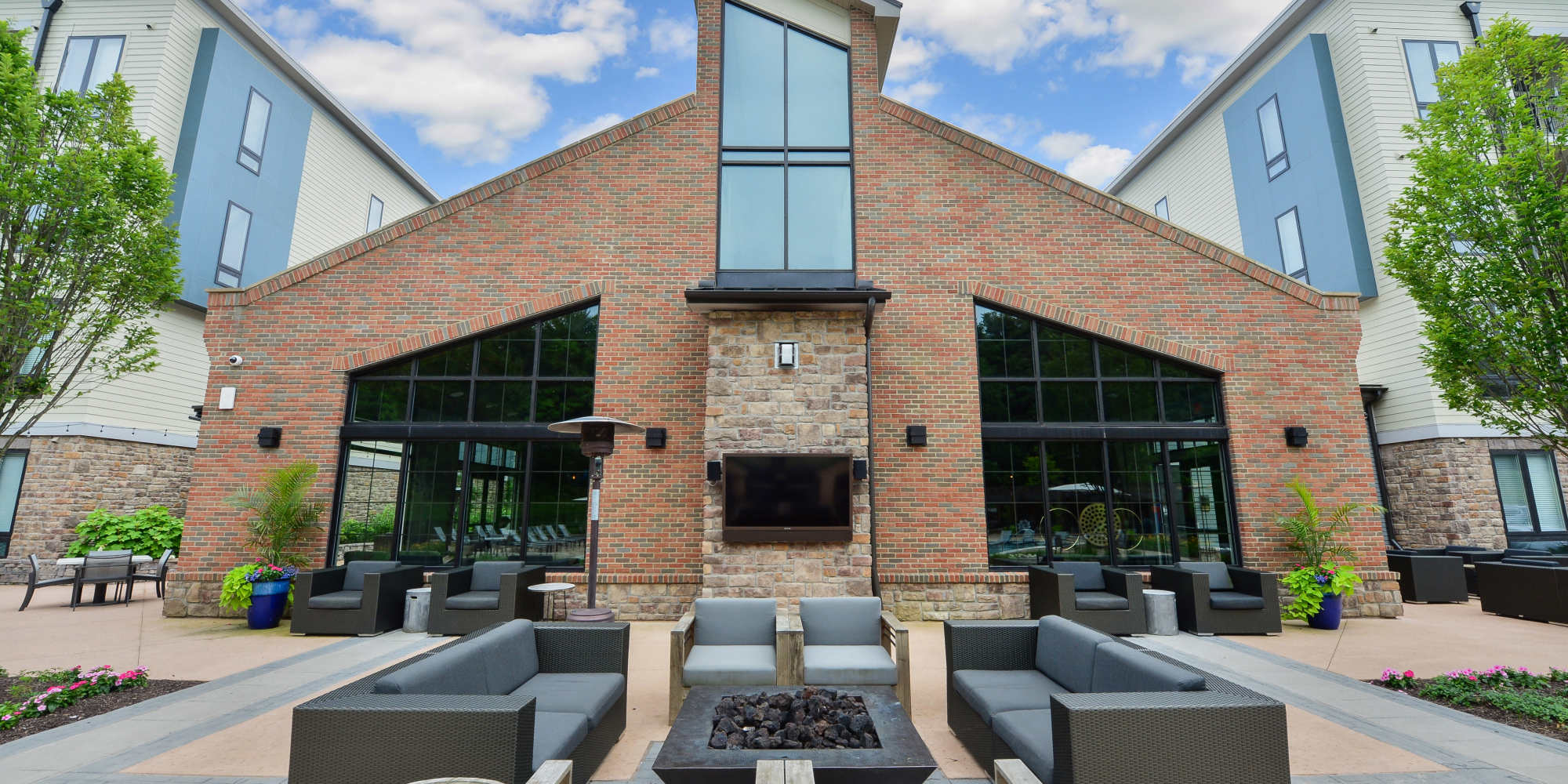 Outdoor lounge at Riverworks in Phoenixville, Pennsylvania