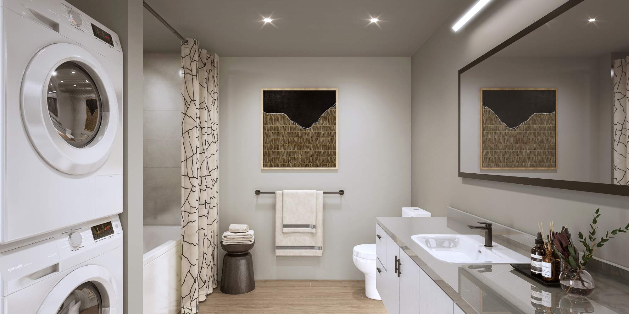 Bathroom Rendering with Washer Dryer at The Highlands at Silverdale in Silverdale, Washington