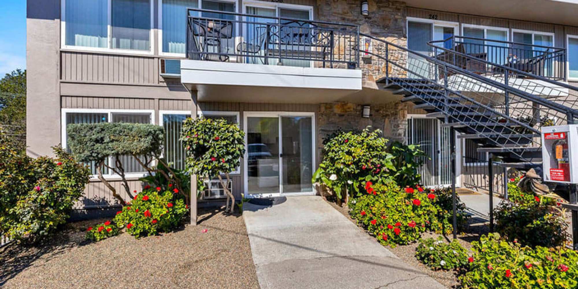 Exterior of an apartment and exterior stairs at Silverado Gardens in Napa, California