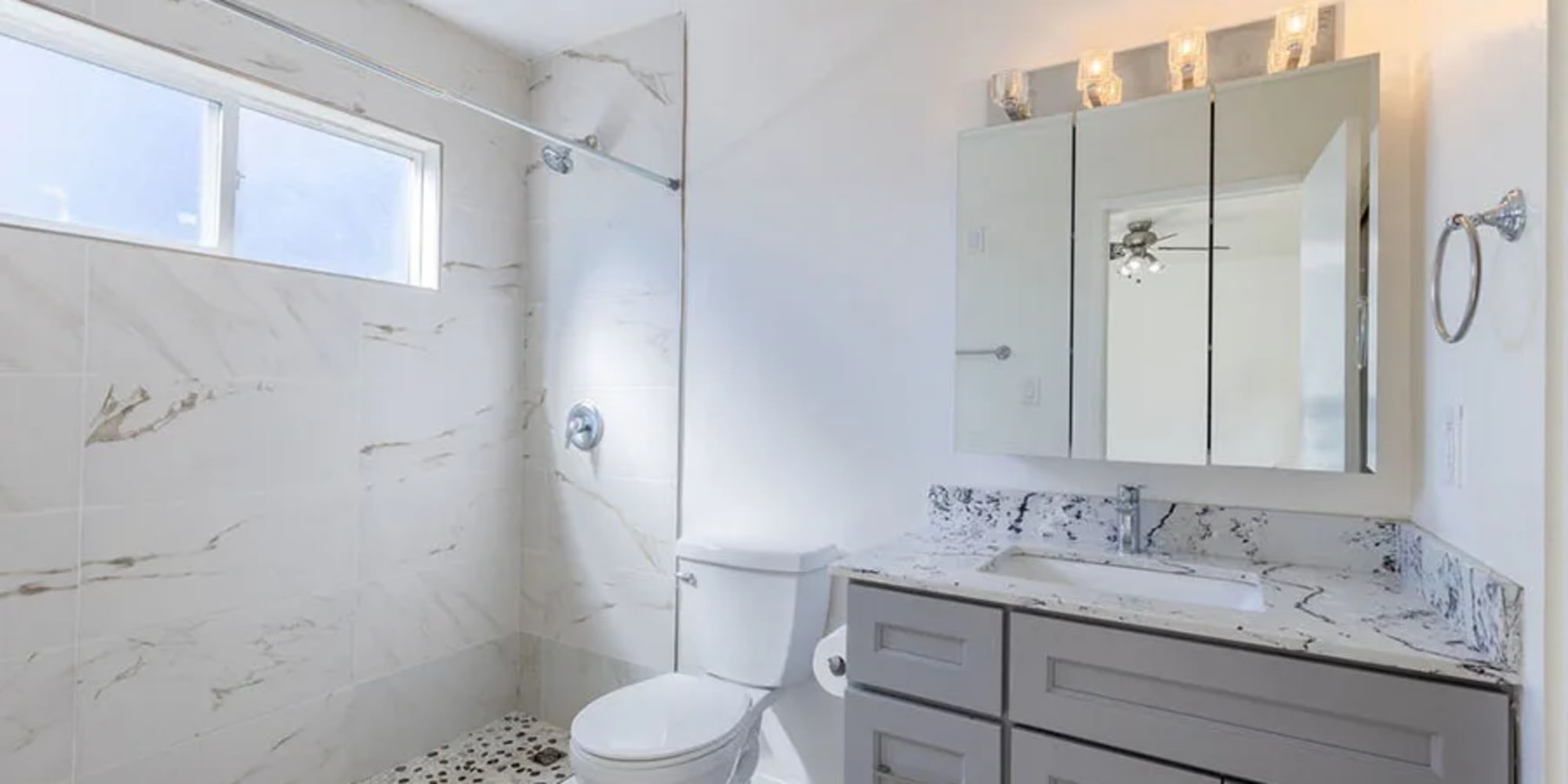 An upgraded apartment bathroom at Silverado Gardens in Napa, California