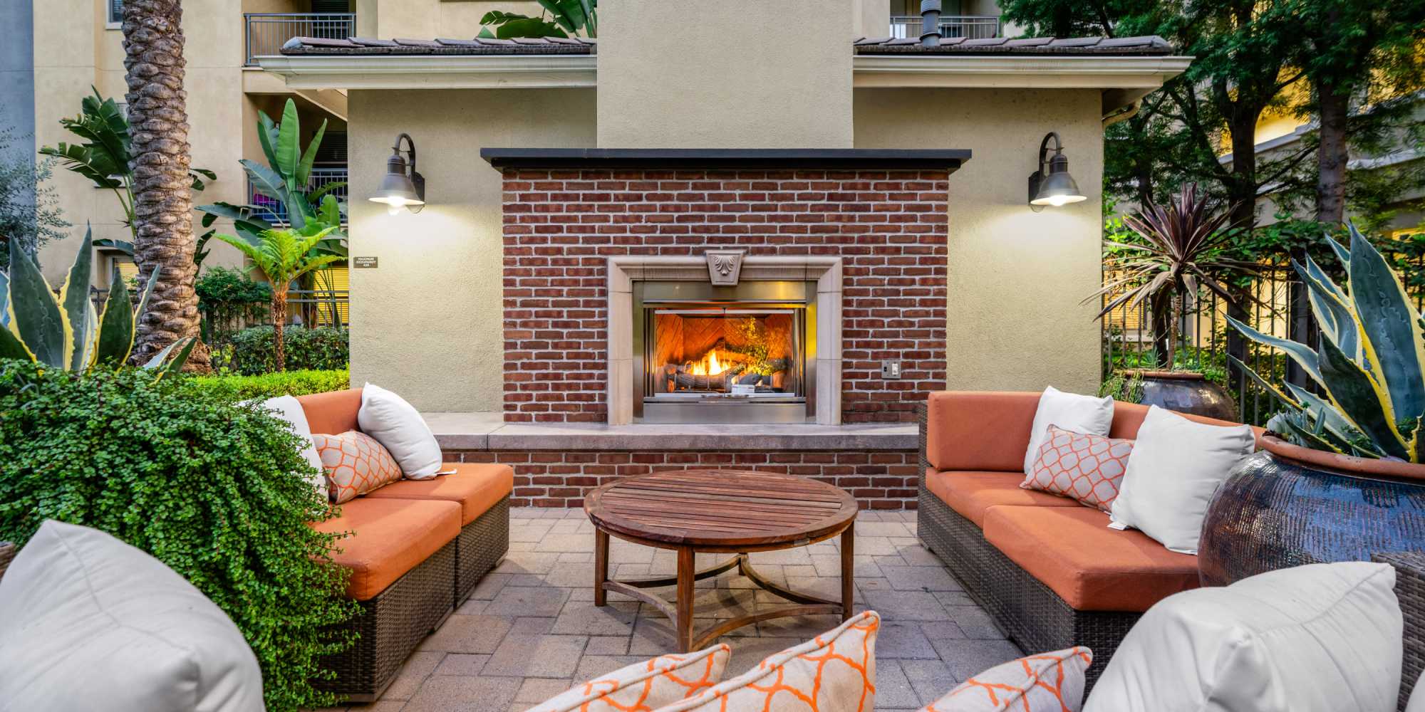 Fireplace and seating at Paragon at Old Town in Monrovia, California