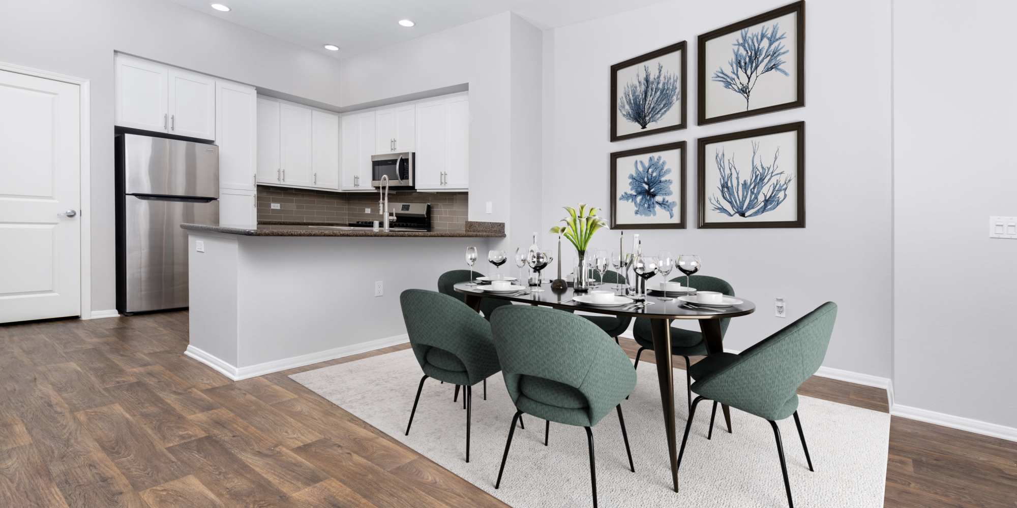 Kitchen and dining area at Paragon at Old Town in Monrovia, California