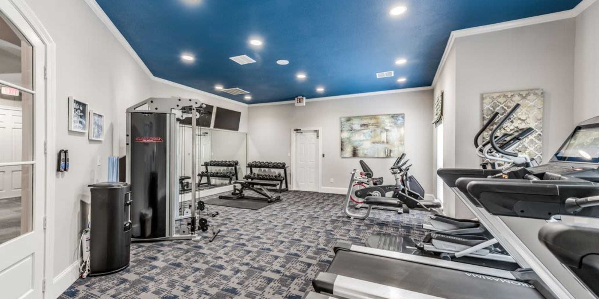 Modern fitness center with cardio equipment at The Landings of Conroe in Conroe, Texas