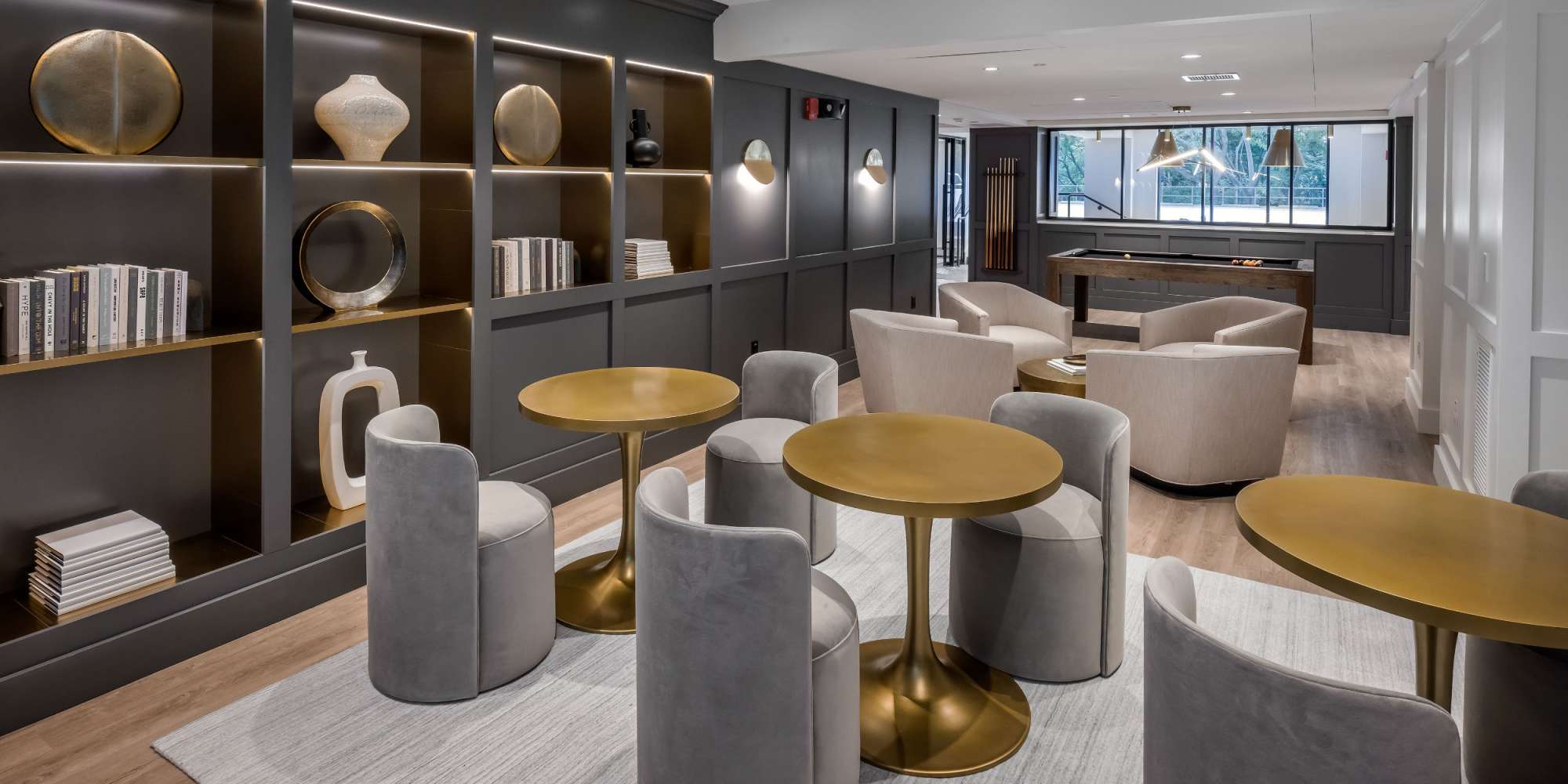 Clubhouse gathering spaces at Parkside Place in Cambridge, Massachusetts