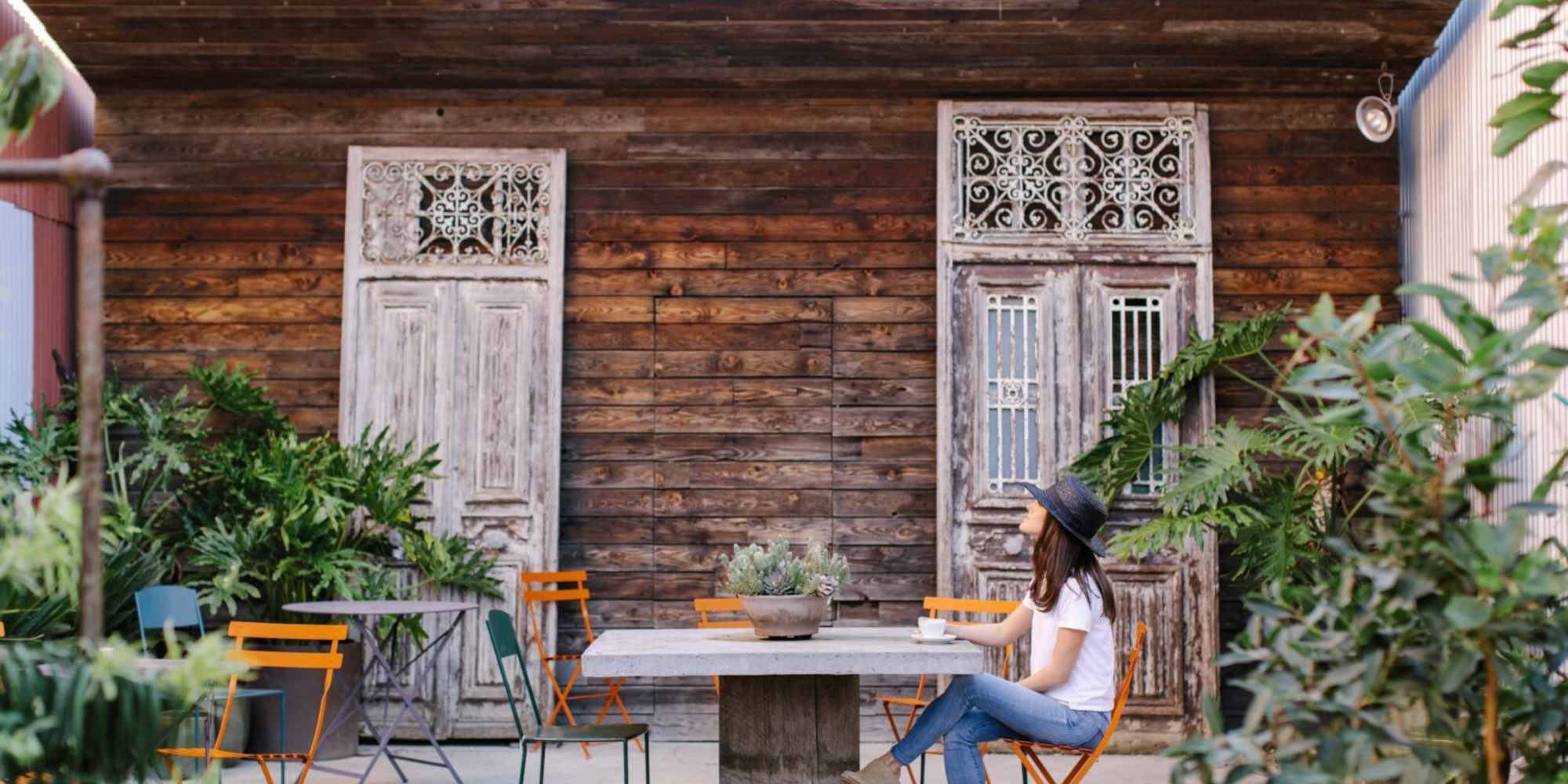 Resident enjoying the courtyard at The Fitzgerald in San Francisco, California