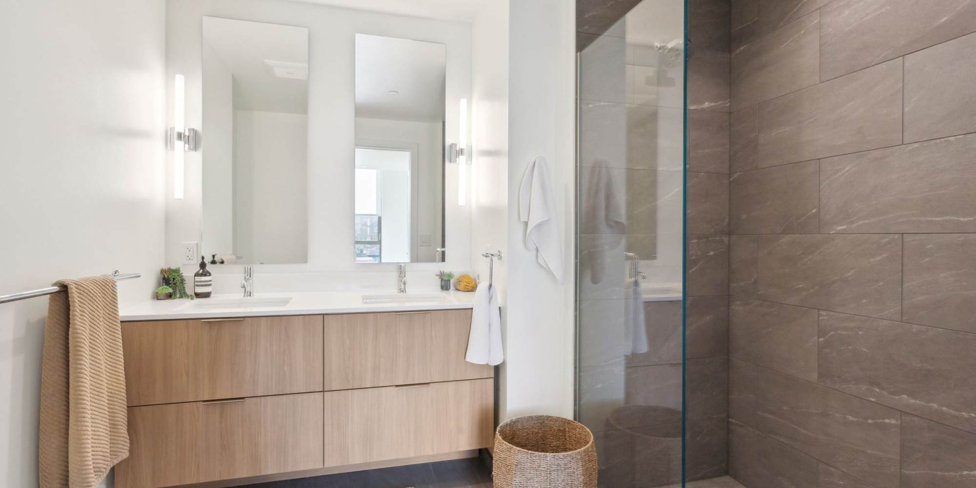 Bathroom with granite counters at The Fitzgerald in San Francisco, California