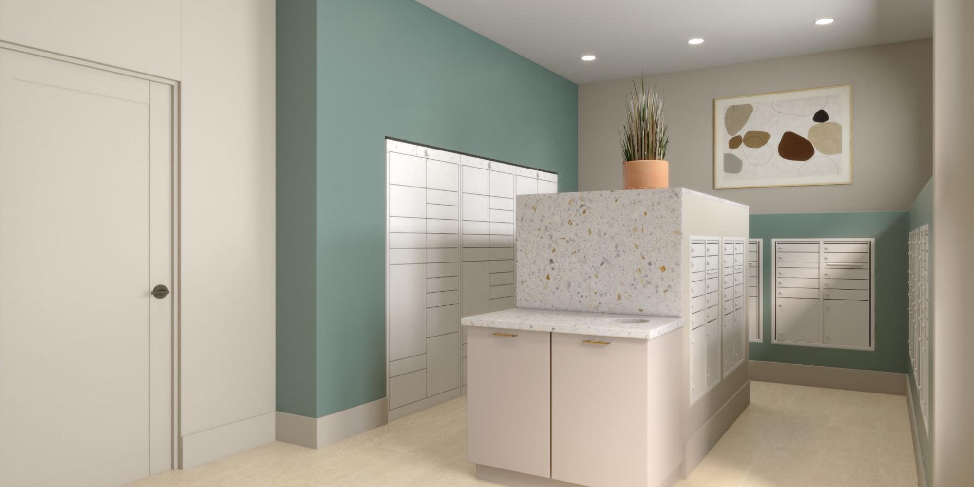 Modern style mail room at Aurora at Green Valley in Fairfield, California