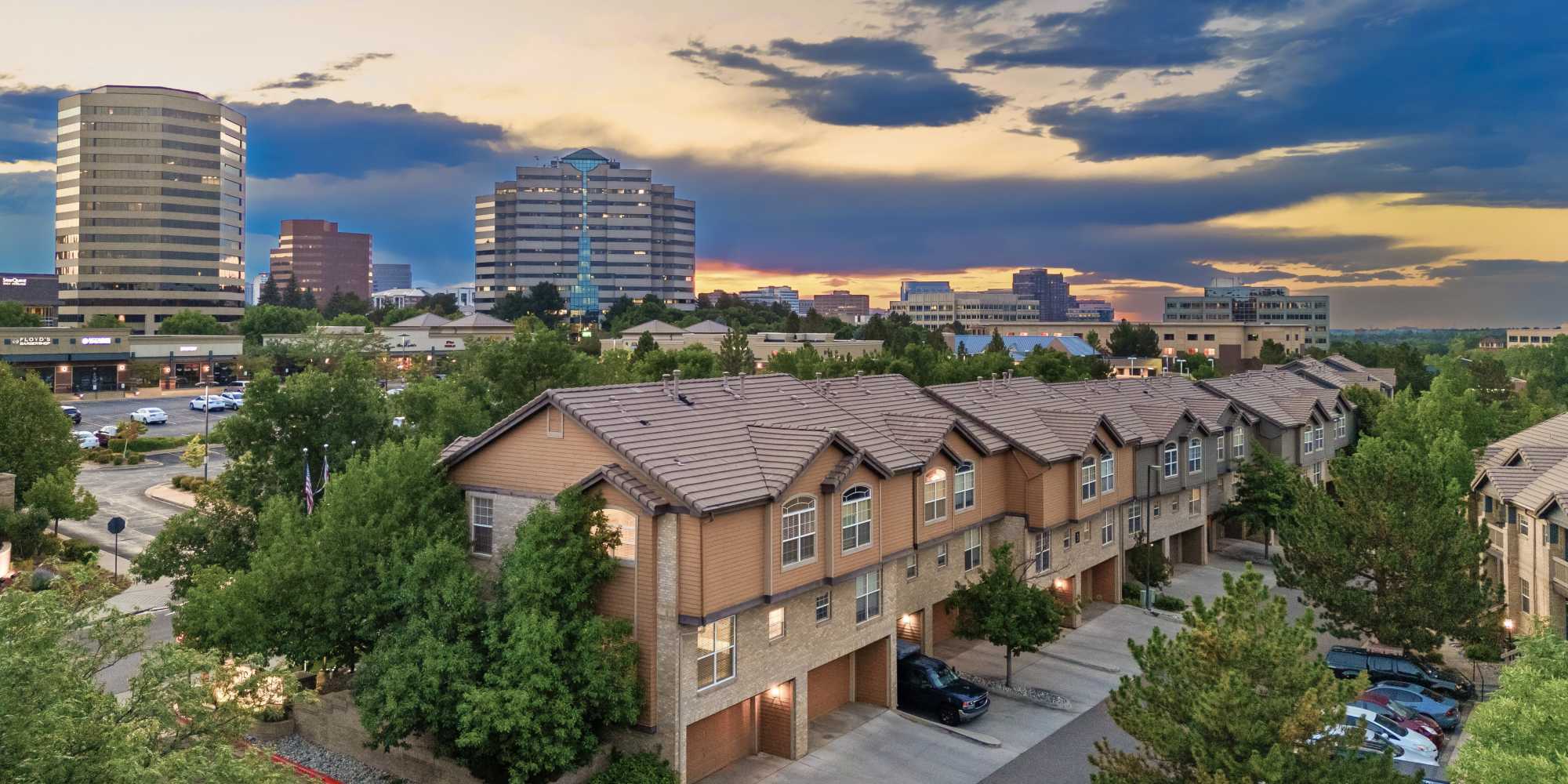 Sunset looking over Isabella Apartment Homes in Greenwood Village, Colorado