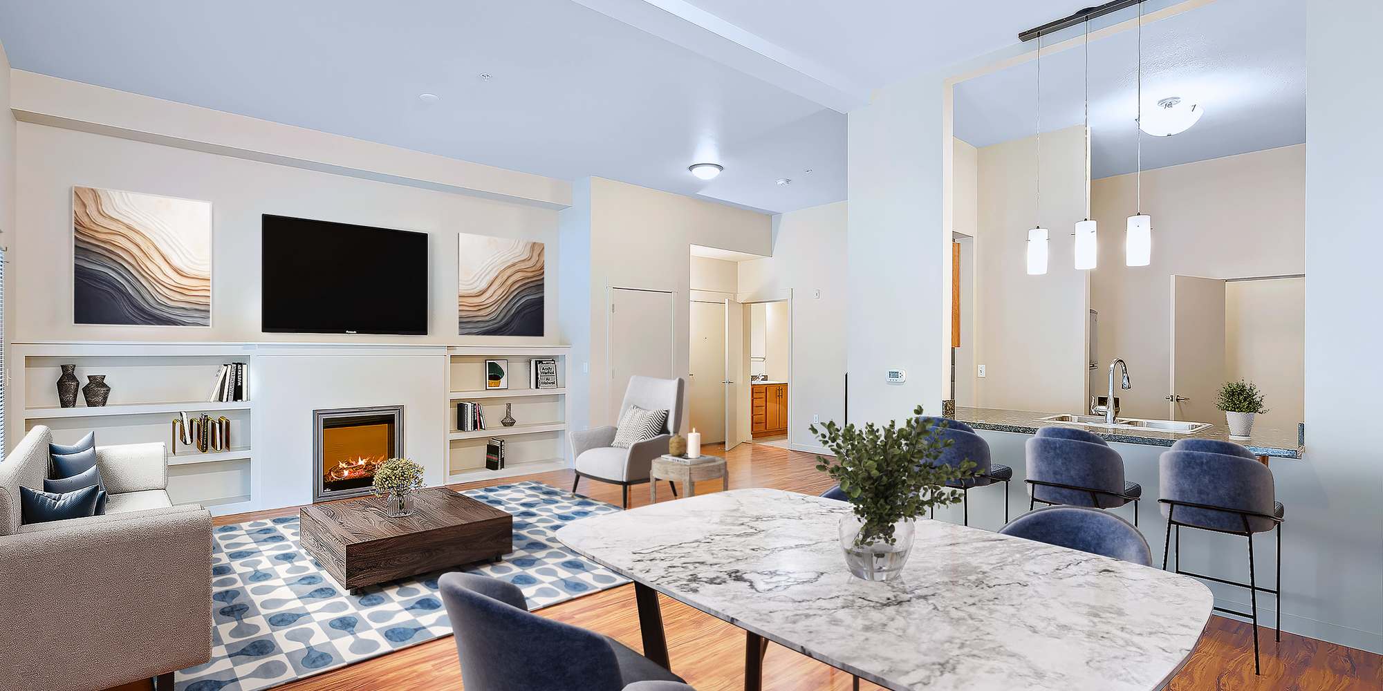 Beautifully furnished living room and dining room at Portland, Oregon, apartments at Eddyline at Bridgeport