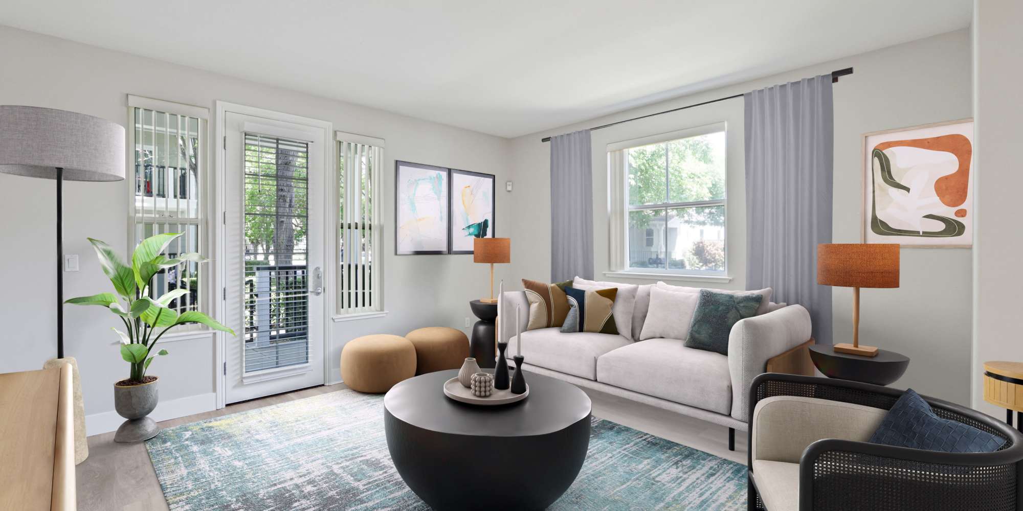 Bright and spacious living area in a model apartment home at The Kensington in Pleasanton, California