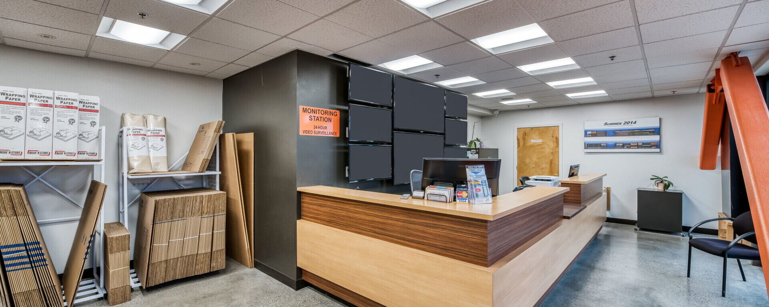 Lobby area with boxes for use at Advanced Self Storage in Burlington in Burlington, Washington
