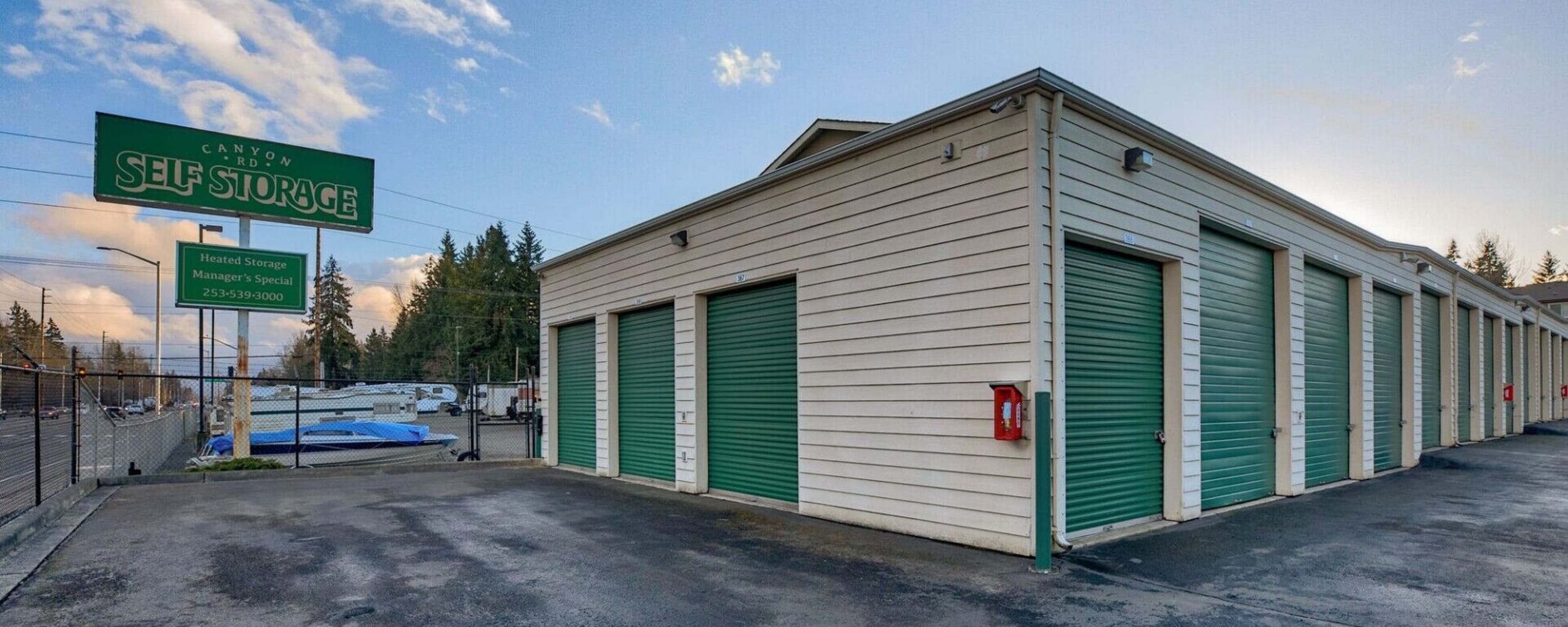 Exterior storage units at Canyon Road Self Storage in Tacoma, Washington