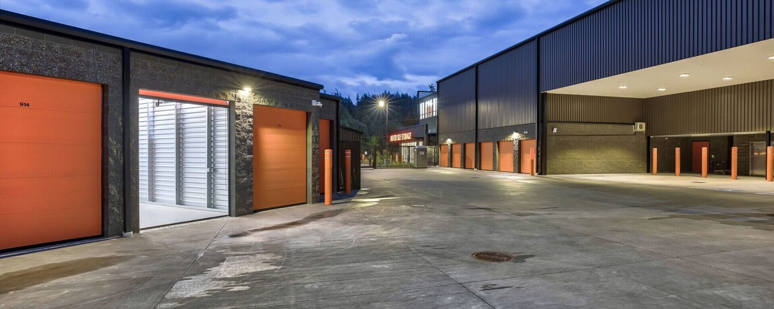 Exterior units with wide driveways at Advanced Heated Self Storage Bellingham in Bellingham, Washington