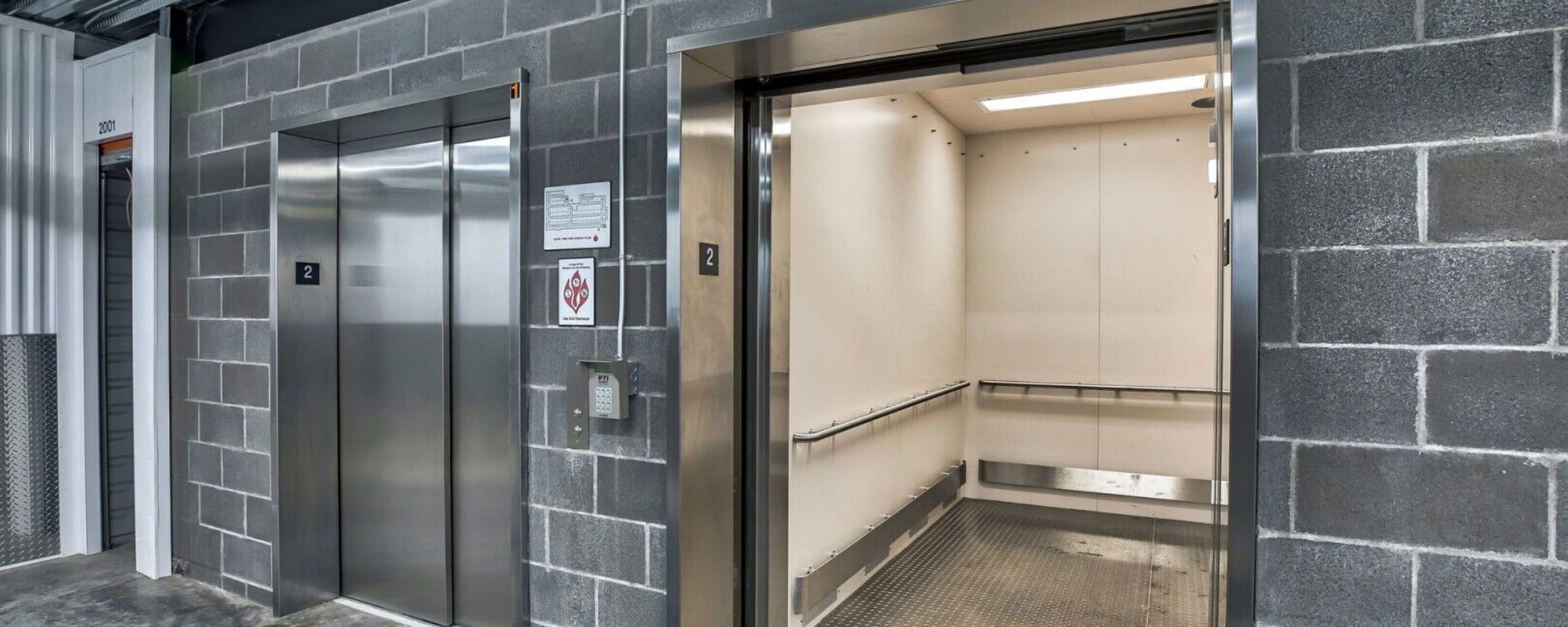 Close look at the elevators at Advanced Heated Self Storage Bellingham in Bellingham, Washington
