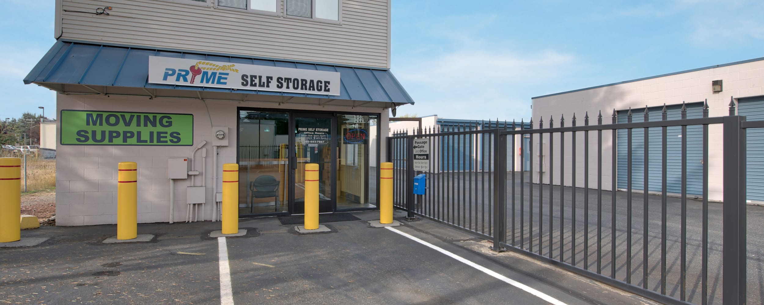 Exterior showing sign at Prime Self Storage in Marysville, Washington