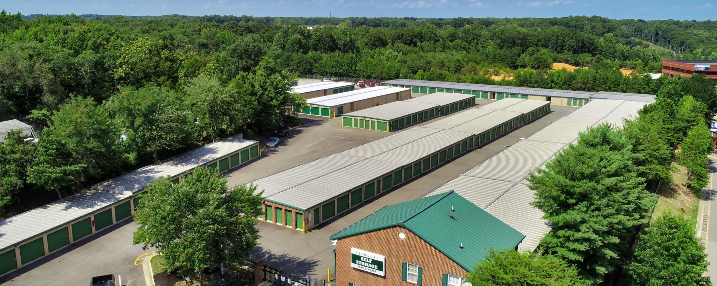 An aerial view of Falmouth Self Storage in Fredericksburg, Virginia