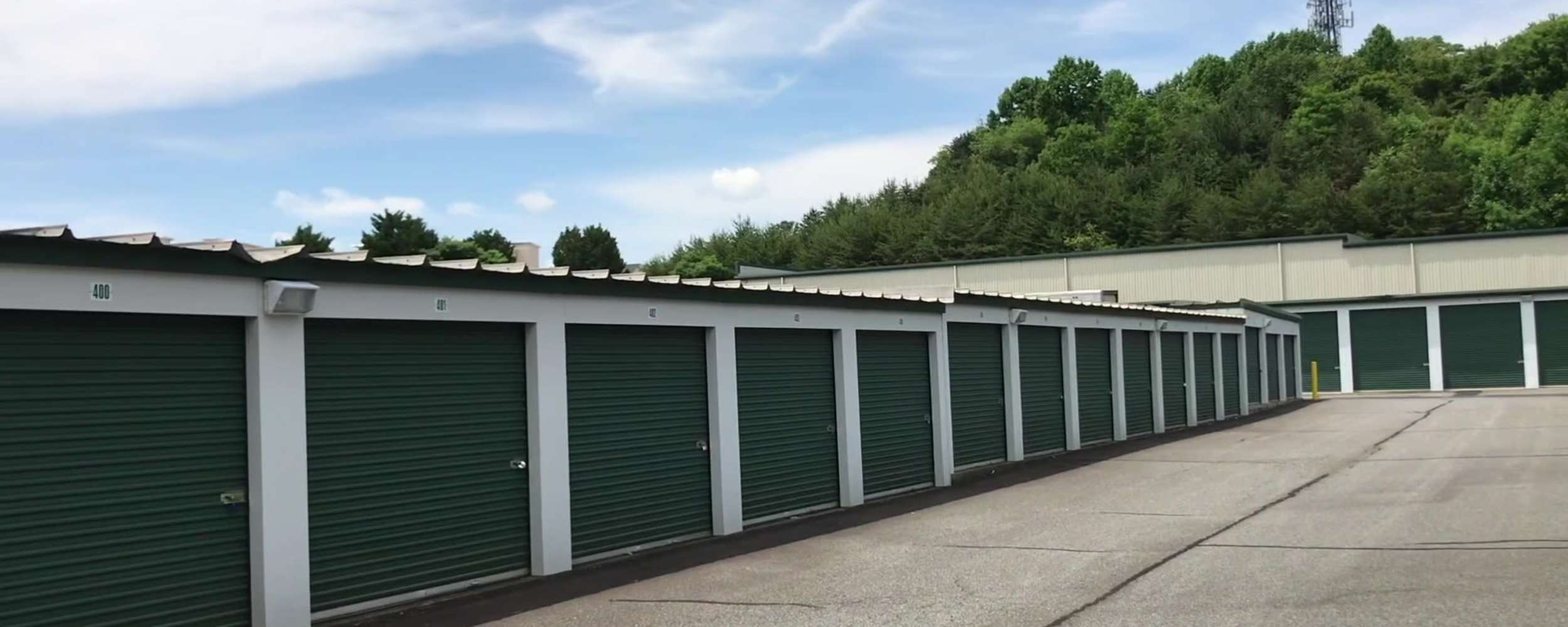 A wide driveway between units at North Charlottesville Self Storage in Charlottesville, Virginia