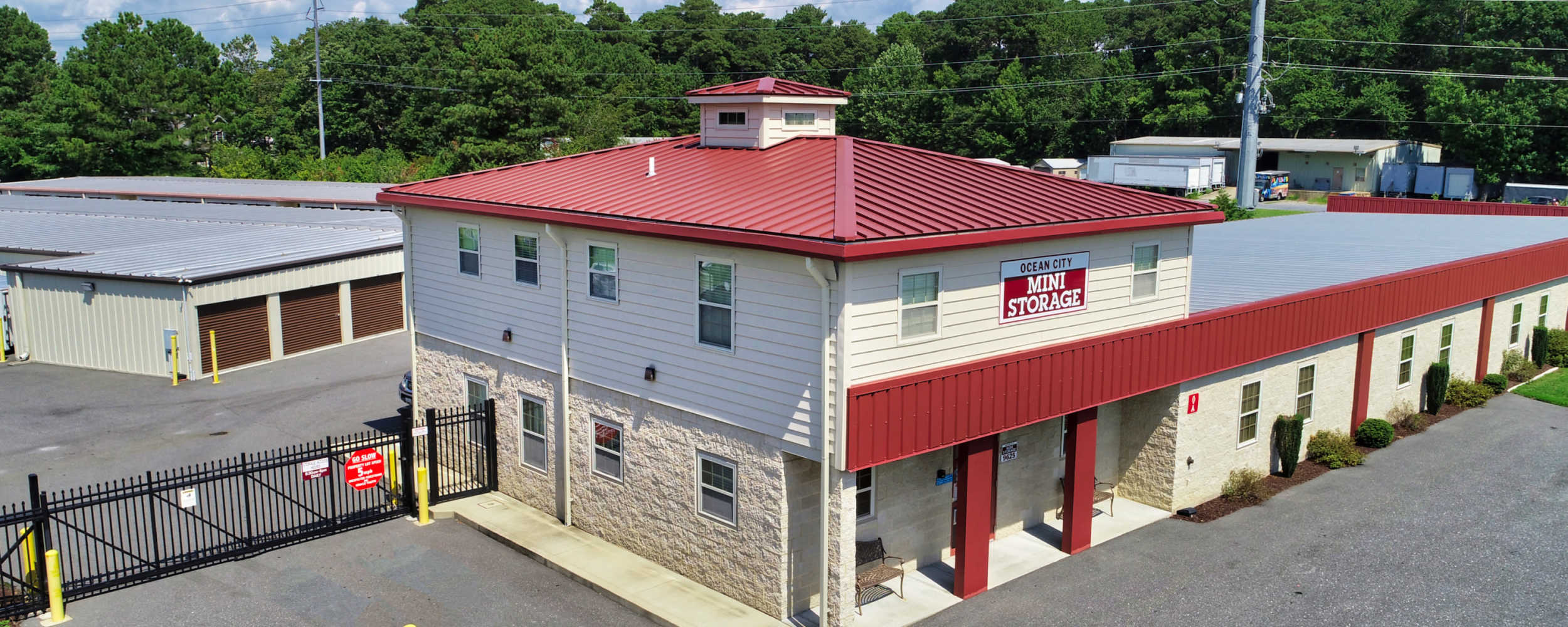 Exterior of the leasing office and interior units at Ocean City Mini Storage in Ocean City, Maryland