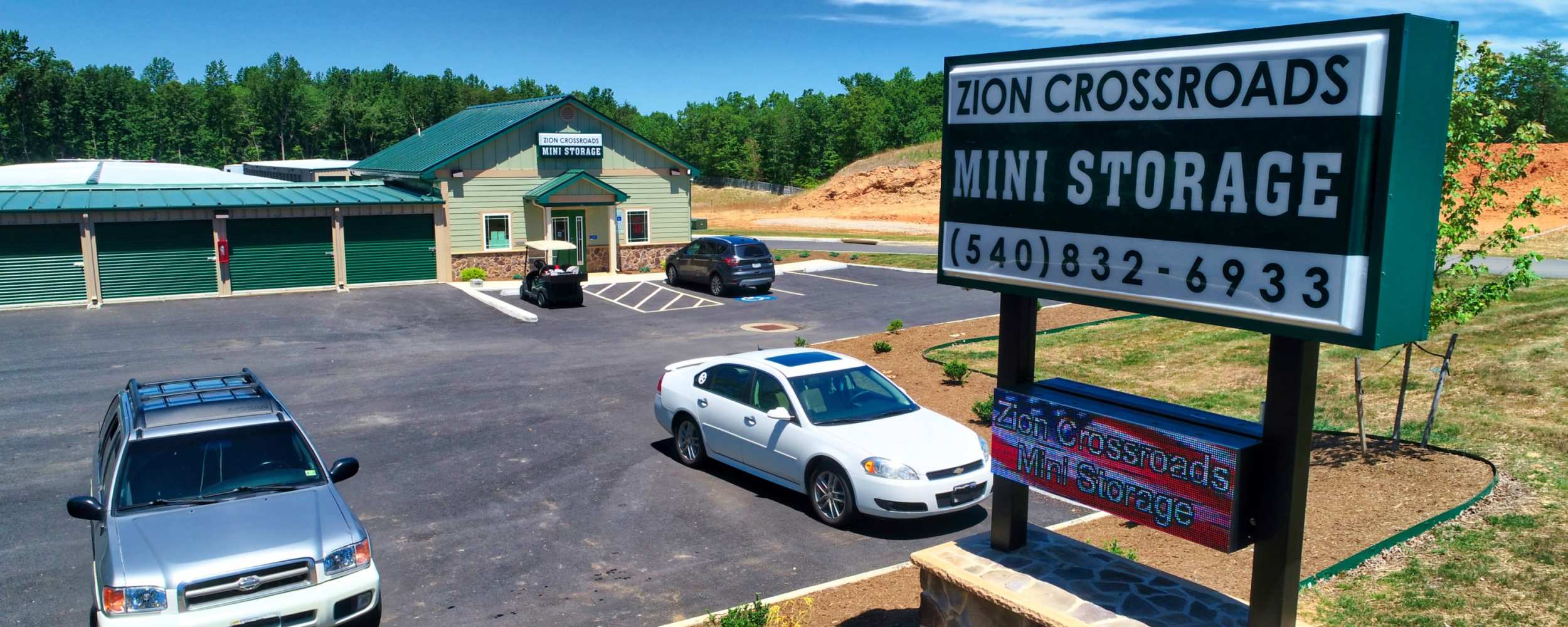 The main sign in front of Zion Crossroads Mini Storage in Zion Crossroads, Virginia