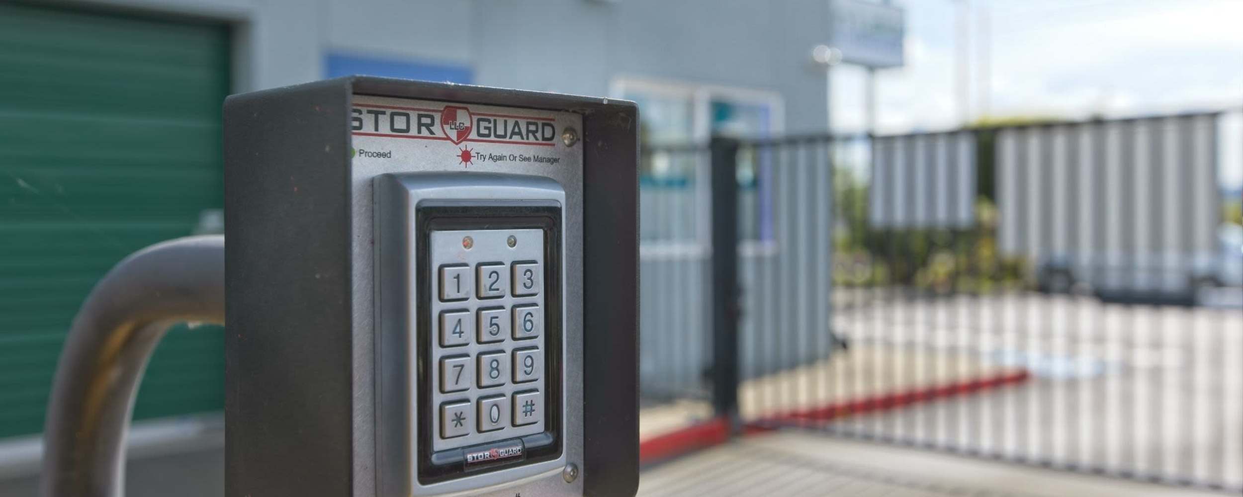 A close-up of keypad access control panel at Chain Lake Self Storage in Monroe, Washington