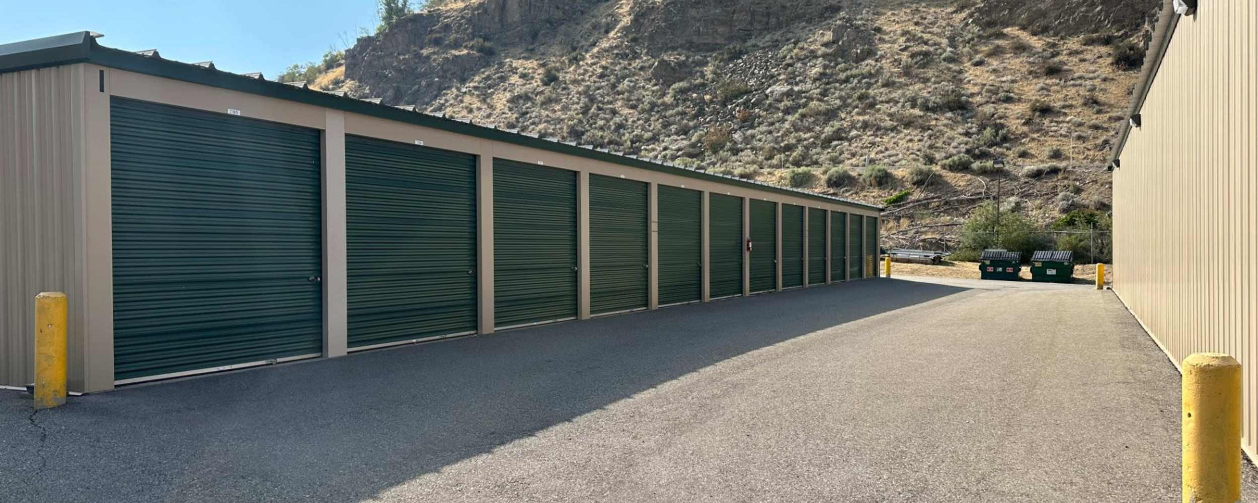 A row of storage units at a self-storage facility at Ohme Road Storage, Wenatchee, Washington