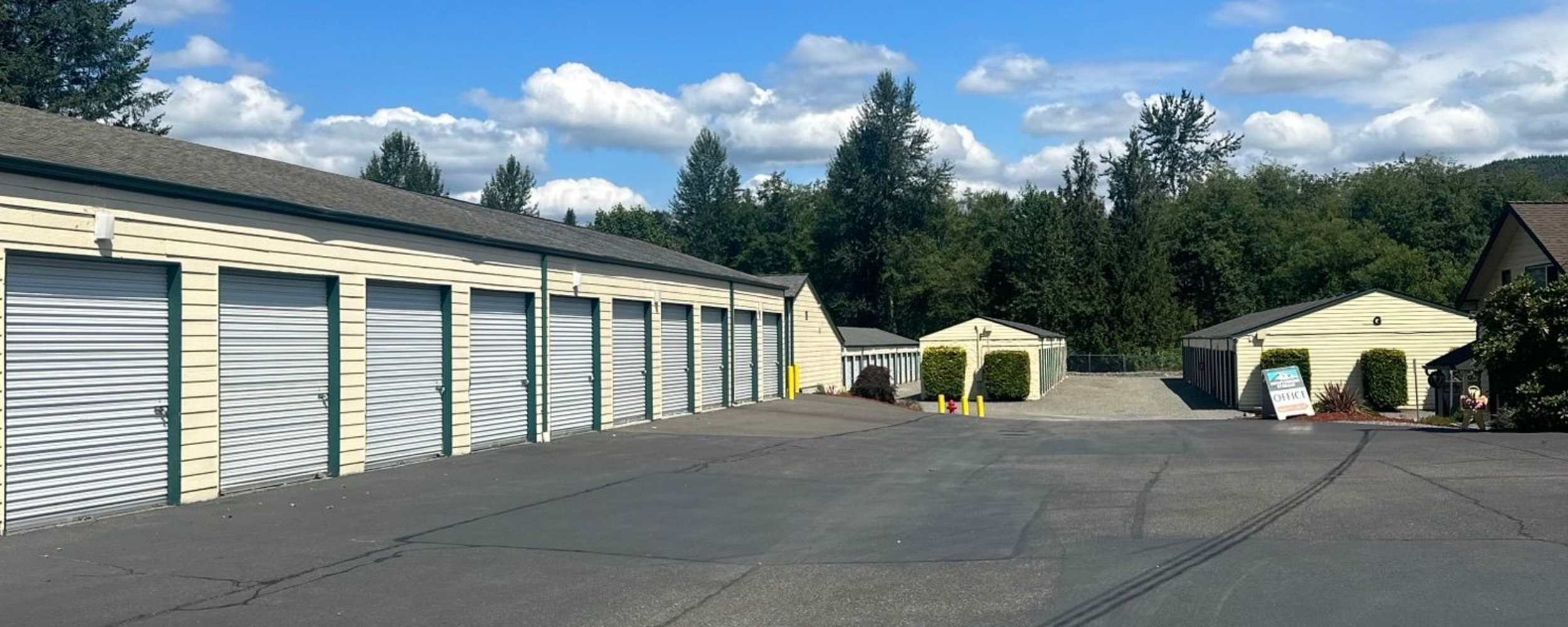 A row of storage units at a self-storage facility at Mountainside Storage, Sultan, Washington
