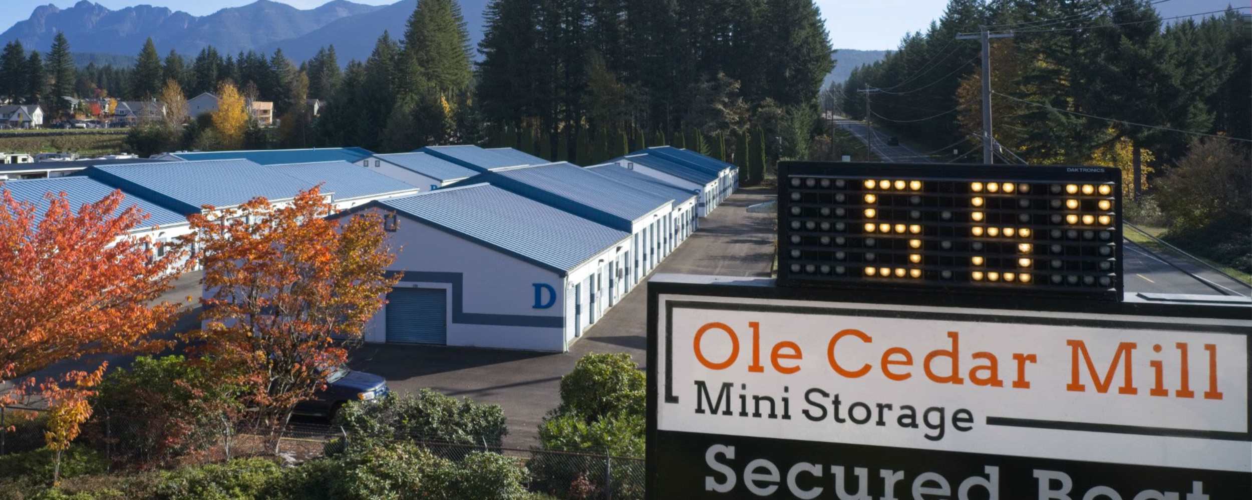 Exterior view of storage facility at Ole Cedar Mill Mini Storage, North Bend, Washington