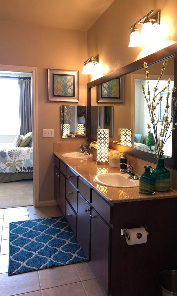 Twin-basin bath vanities at The Abbey on Lake Wyndemere in The Woodlands, Texas