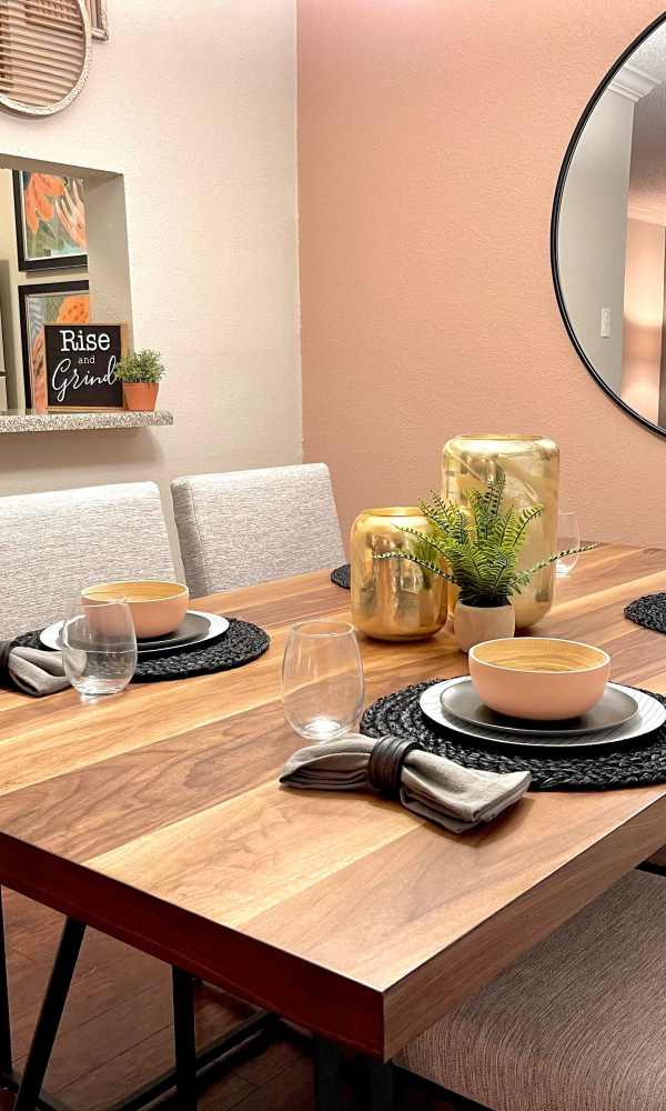 Modern dining area at The Abbey at Briargrove Park in Houston, Texas