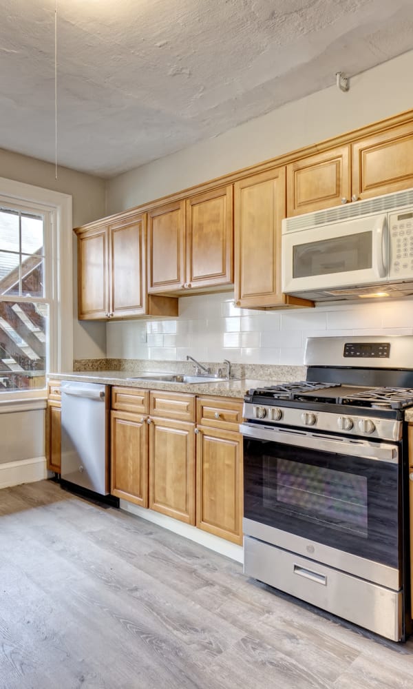 A modern kitchen and appliances at West Hartford Collection in West Hartford, Connecticut