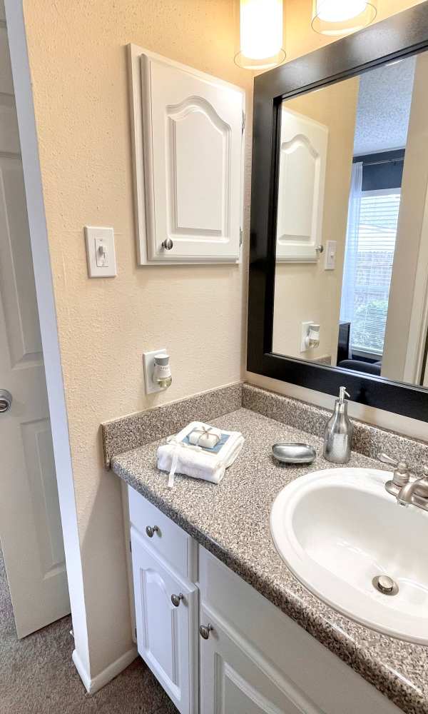 Modern bathrooms at The Abbey at Medical Center in San Antonio, Texas