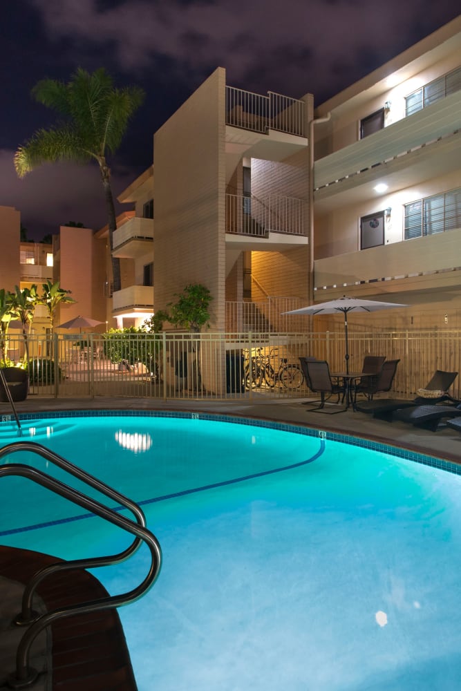 Sparkling pool at Emerald Manor Apartments, San Diego, California