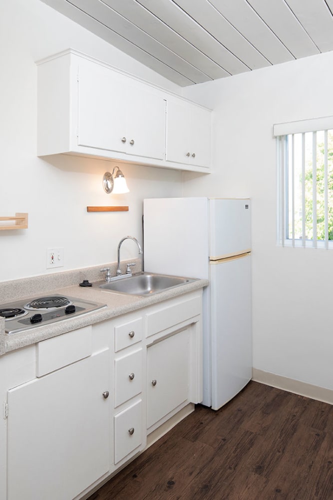 All white kitchen at Sail Bay Apartments in San Diego, California