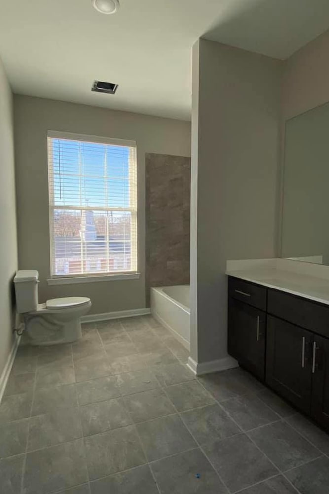 Luxurious bathroom in a model home at Pearl Pointe Apartments in Burlington, New Jersey