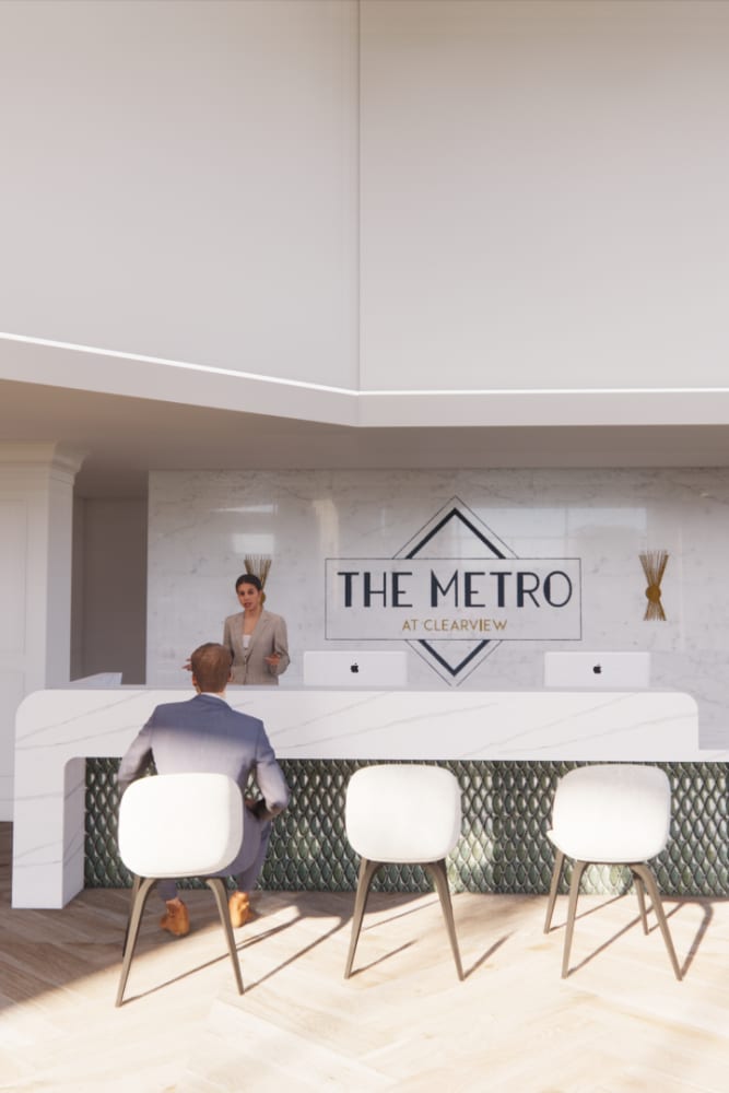 Lobby reception area at The Metro at Clearview in Metairie, Louisiana